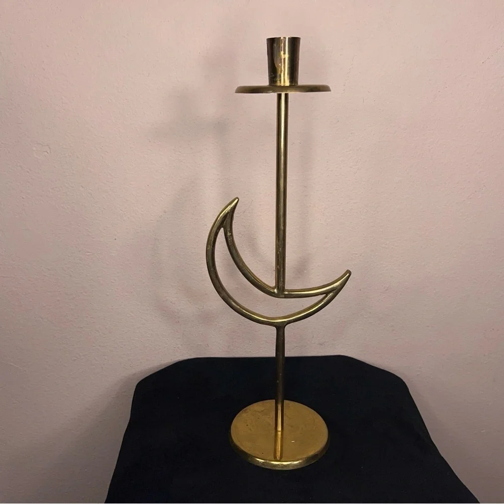 Vintage 90s Celestial Brass Moon Candlestick Goth Retro 14” Height